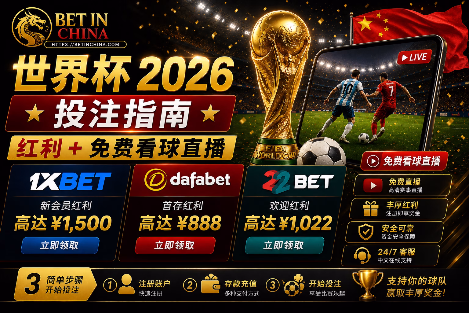 世界杯 2026 投注指南 🇨🇳｜1xBet、Dafabet、22Bet 红利 + 免费看球直播